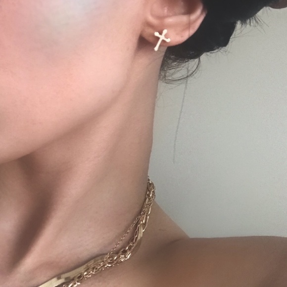 Gold Stud Cross Earrings - Picture 2 of 5
